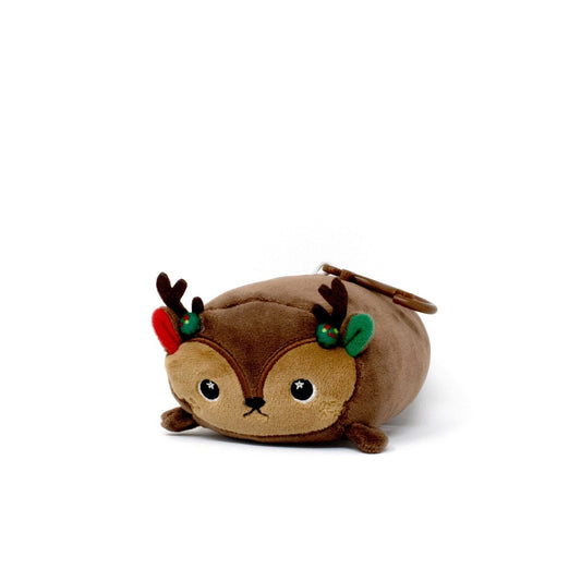 Meet Mitzy the Reindeer Clip-On, a plush keychain with antlers, red and green ear accents, and a round body. The ring attaches at the back—ideal for bags or keys. Shown against a plain white background.