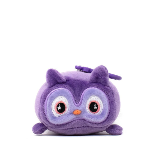 Against a plain white background, Archie the Owl Clip-On, a soft and plush purple owl, features large embroidered eyes, small wings, and a convenient loop on top for easy attachment as either a keychain or decorative accessory.