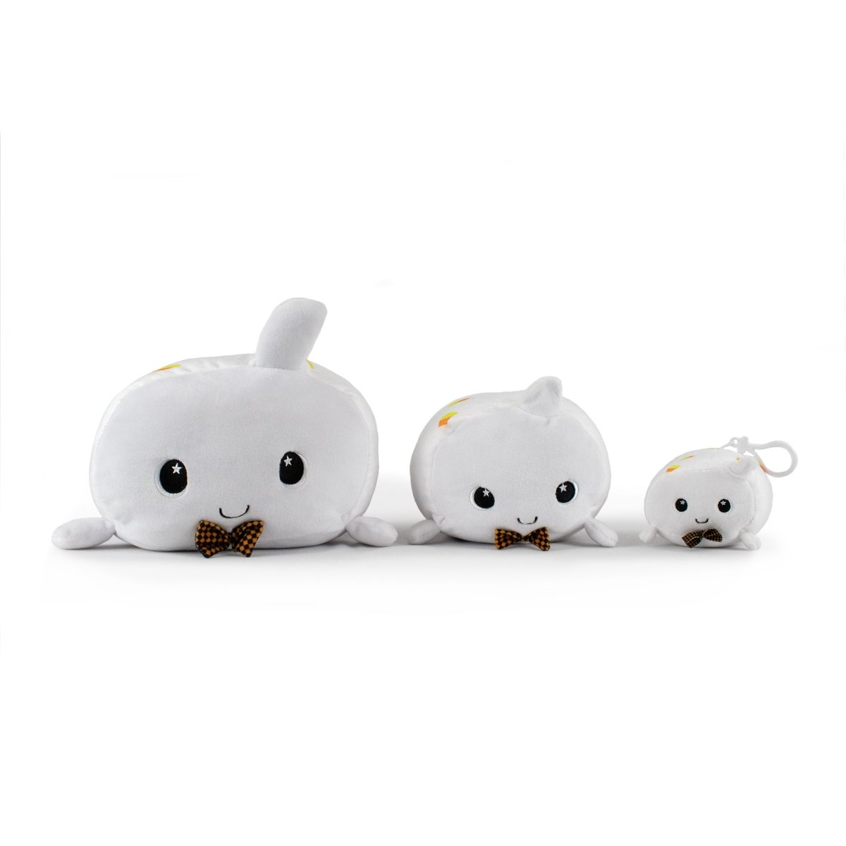 Three adorable Boo the Ghost Plushies, each with a brown and black checkered bow tie, are arranged in a row from large to small. The smallest plushie has a keychain attached.