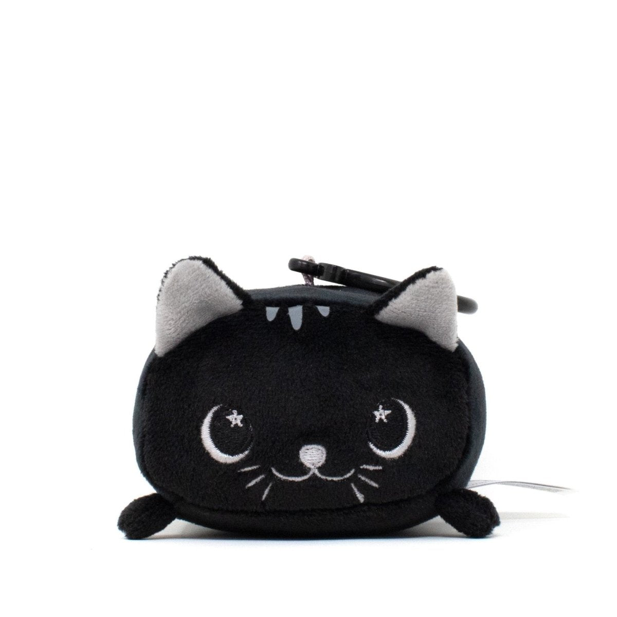 The Fortune the Cat Clip-On is a plushie black cat coin purse with embroidered big eyes featuring star details, a friendly smile, gray ears, and a small metal clasp for secure closure.