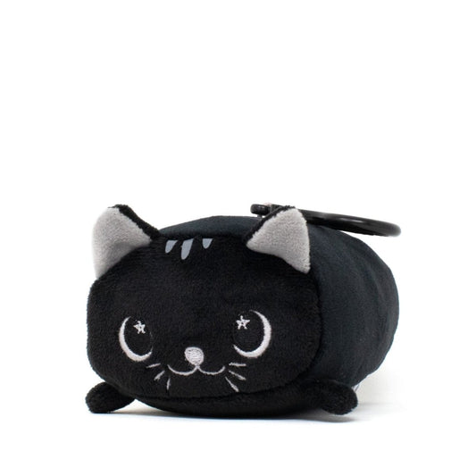 The Fortune the Cat Clip-On is a cute plush keychain shaped like a small black cat. It features embroidered gray eyes, a smiling face, white forehead markings, tiny ears, and lies down with its tail tucked in against a white background.