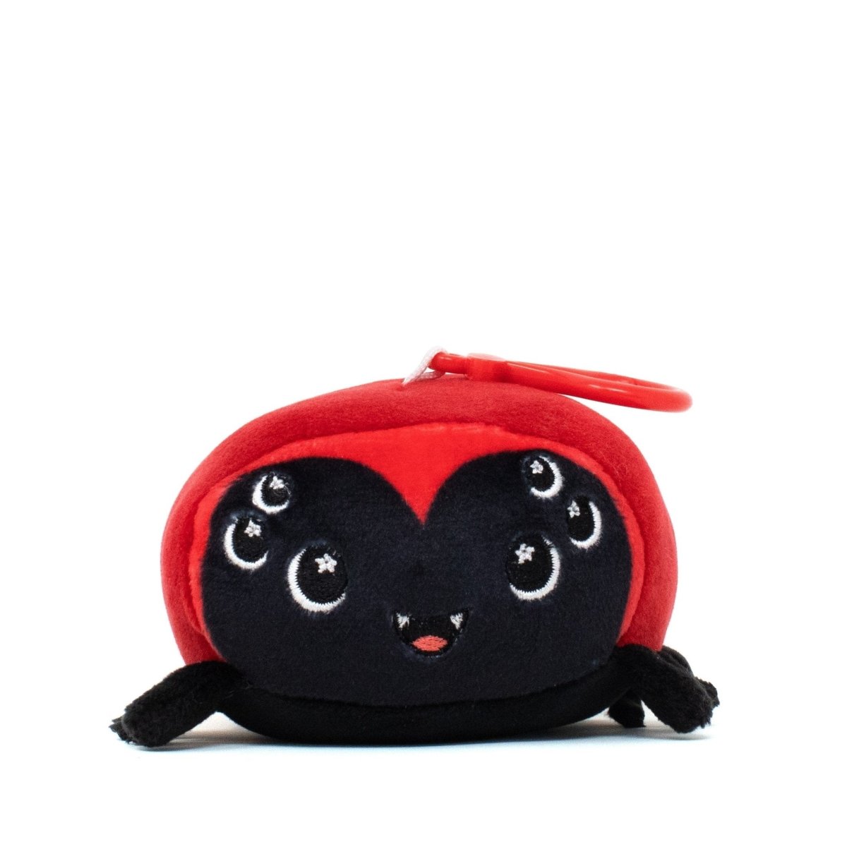 Muffet the Spider Clip-On is a cute black and red plush keychain from the Moosh-Moosh Spooky Series, with six eyes, tiny fangs, a smiling mouth, small black legs, and a red clip at the top.