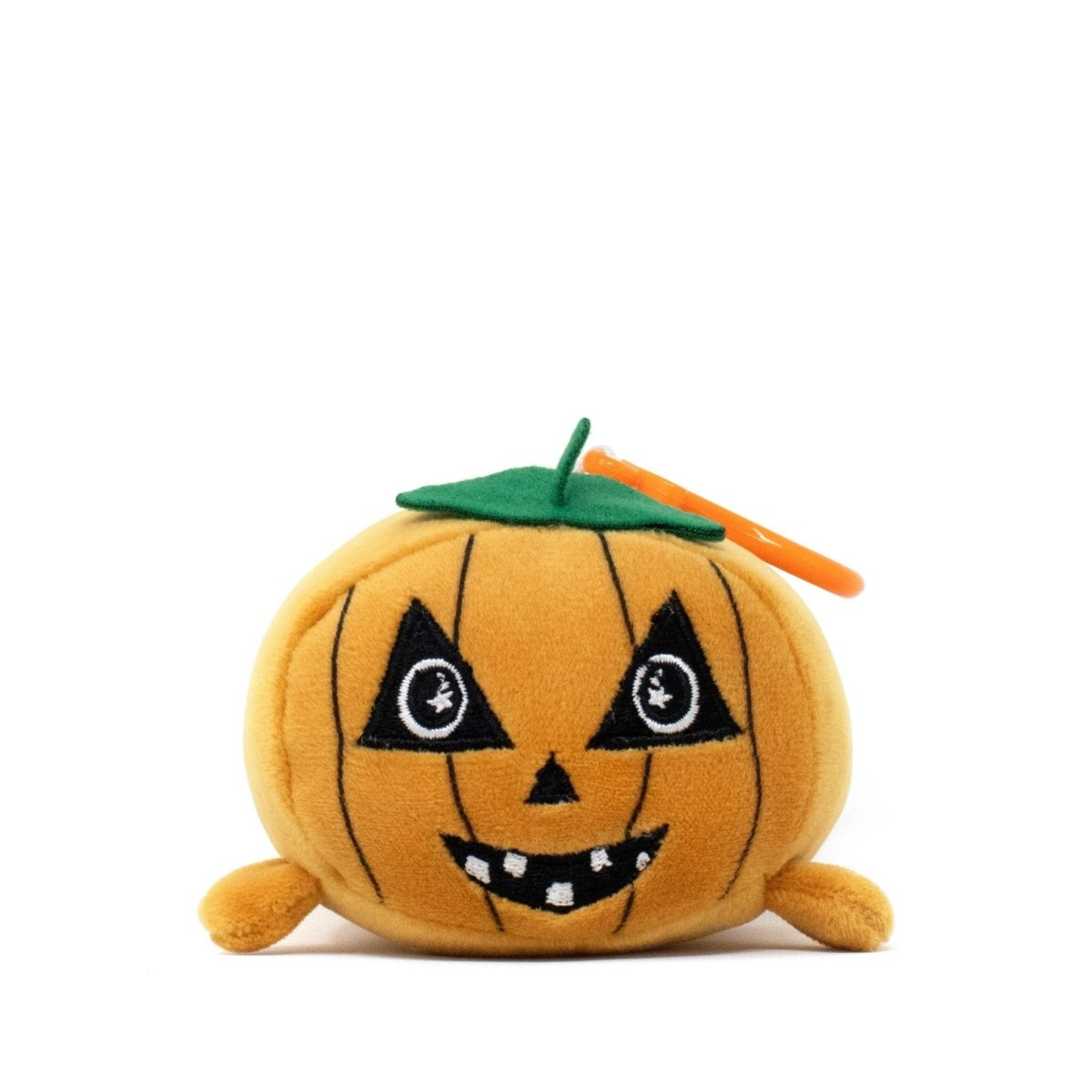Vincent the Pumpkin Clip-On is a plush jack-o’-lantern with a smiling face, black triangular eyes, green leaf top, small arms, and an orange clip—part of the Moosh-Moosh Spooky Series for cute hanging fun.