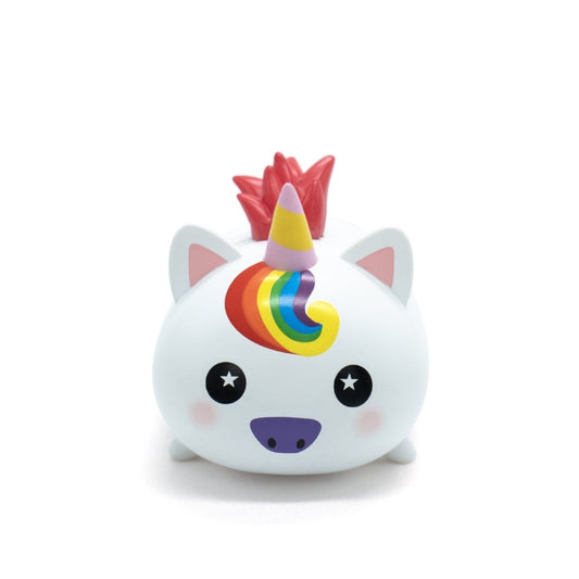 Rainbow Swirl the Unicorn Vinyl Collectible Figurine features a cute, round design with a rainbow-striped horn, red mane, blushing cheeks, and star-shaped eyes, displayed against a plain white background.