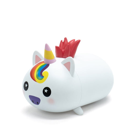 Rainbow Swirl the Unicorn Vinyl Collectible Figurine is a small, round, white unicorn with a rainbow mane, red tail, pointed ears, star-shaped eyes, pink cheeks, and a horn striped in yellow, pink, and purple.