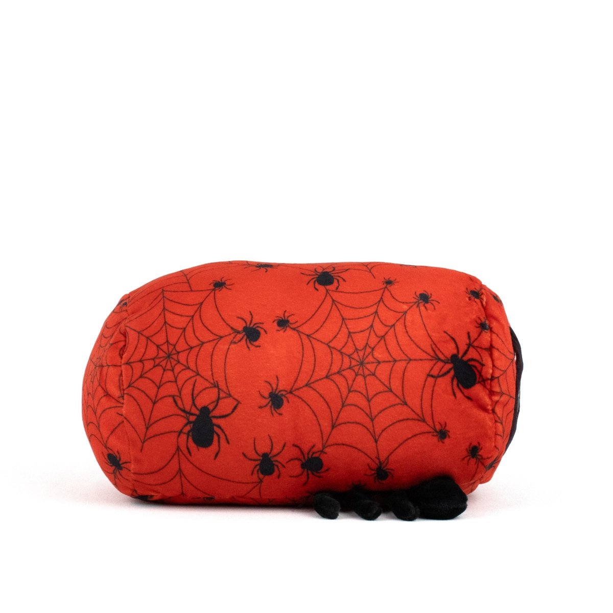The Muffet Spooky Slumber Plushie is an ultra-soft toy shaped like a red potato or pillbug, with black spider and web designs, small black legs, and a white background—ideal for anyone who loves unique stuffed plushies.