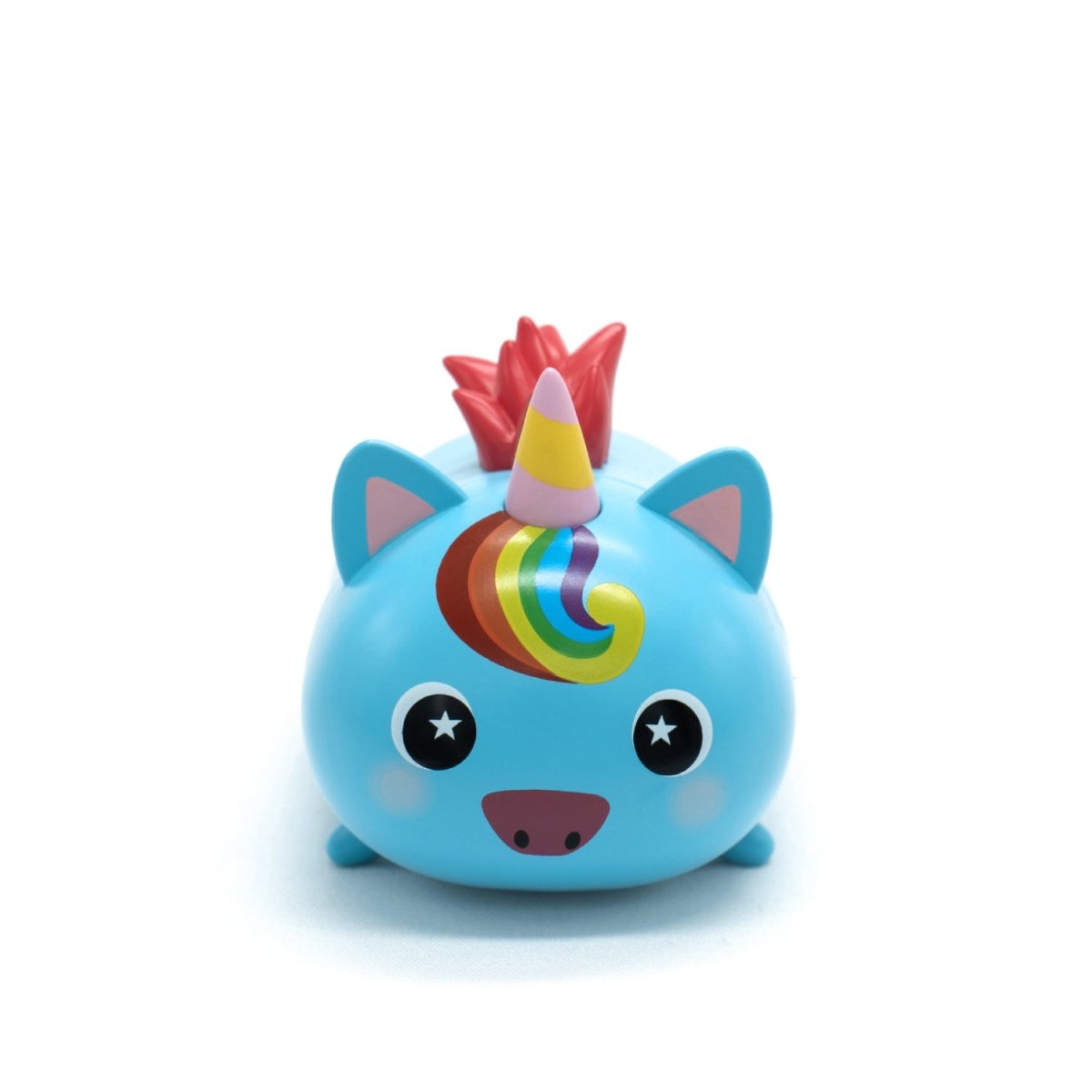 Sparkle the Unicorn Vinyl Collectible Figurine is a cute, round, blue unicorn with big starry eyes, rainbow mane and horn, pink ears, and a red tail. This adorable collectible is set against a plain white background.