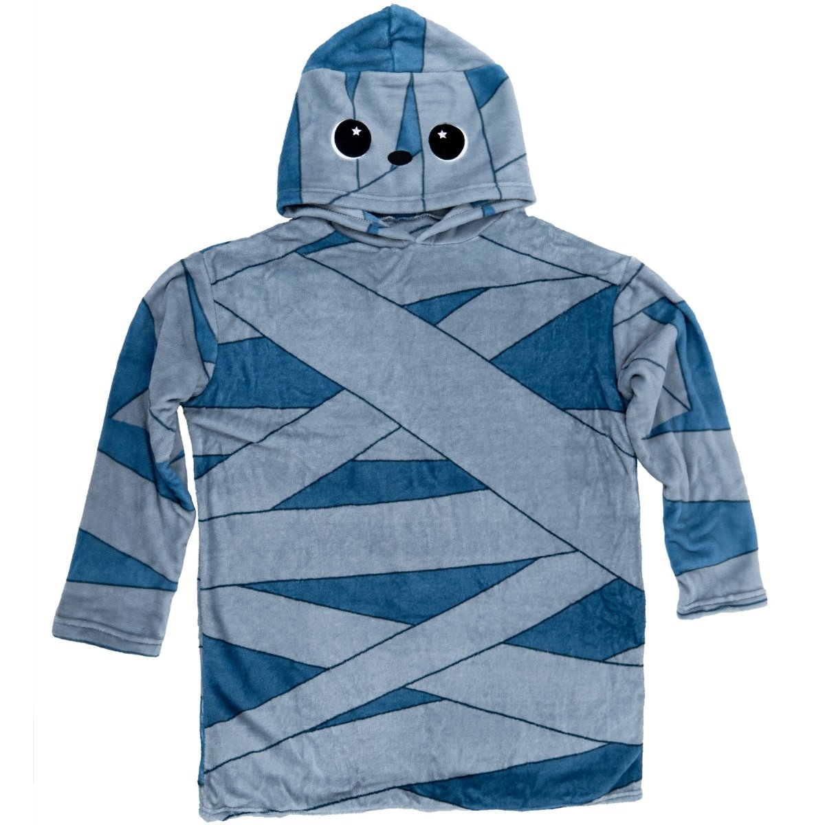 The Nile the Mummy Hooded Blanket is a blue and gray kids fleece blanket with a hood, cartoon mummy bandage patterns, big black eyes, and a smiling face—perfect for Halloween.