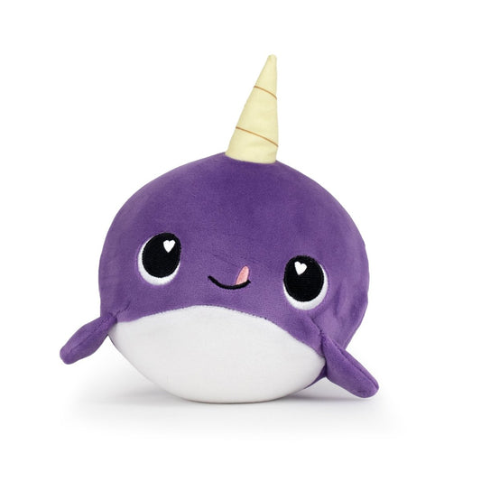 Jumbo Plushy Skwishy BonBon: A purple narwhal plush toy with a white belly, smiling face, large eyes featuring heart-shaped highlights, a yellow horn, and small fins. Cute and cuddly!.