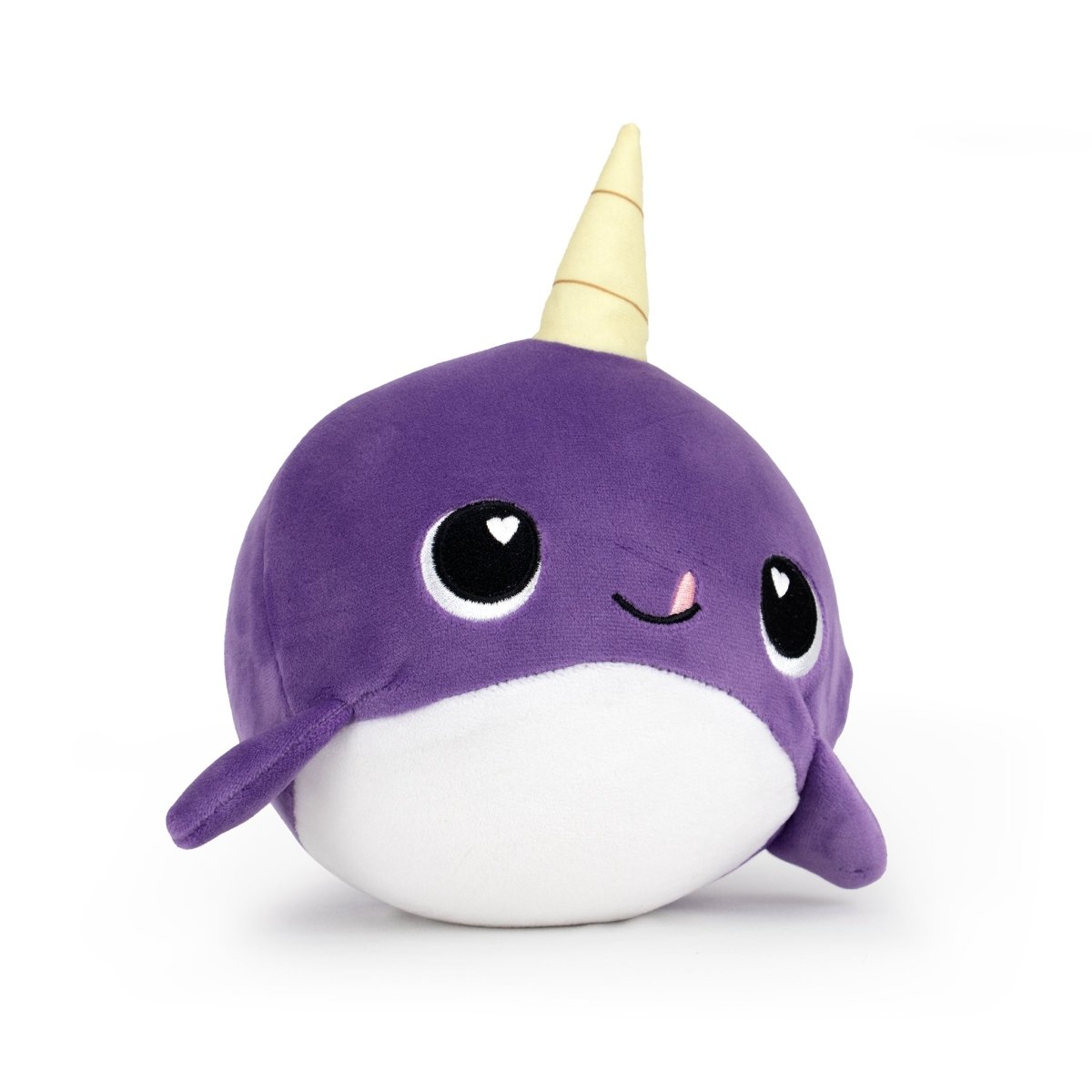 The Jumbo Plushy Skwishy BonBon is an adorable round narwhal plush toy with a purple body, white underside, cheerful expression, big eyes, and a small smile. A whimsical yellow spiral horn adorns its head.