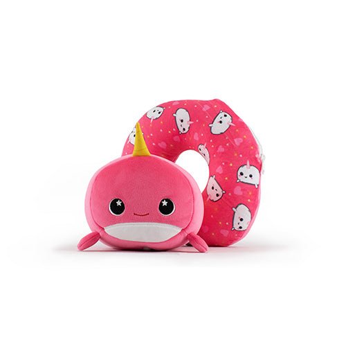 Meet Bubblegum the Narwhal, a cute pink plush with a yellow horn, paired with an award-winning donut-shaped travel pillow. Both have tiny white narwhal faces on bubblegum pink and wear delightful smiles, ensuring comfort and charm wherever you go.