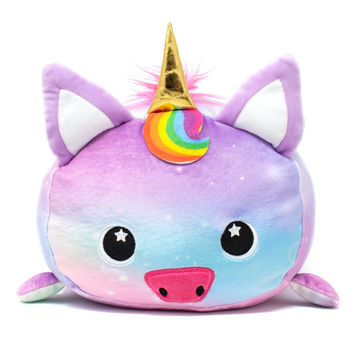 Nebula the Unicorn Plushie is a galaxy-colored toy with a purple, pink, and blue gradient. It features a golden horn, rainbow swirl on its forehead, starry big eyes, and small side wingsโan enchanting soft stuffed animal.
