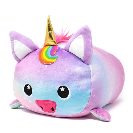 Nebula the Unicorn Plushie is a soft stuffed animal with galaxy-colored fur in purple, blue, and pink hues. It features a golden horn, rainbow accents, cute black eyes with star highlights, and small ears and feet.