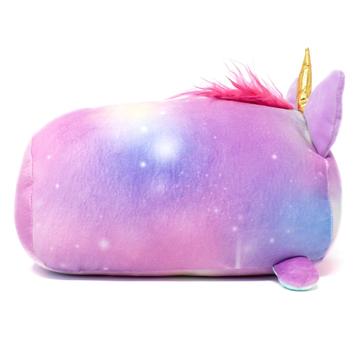 The Nebula the Unicorn Plushie features galaxy-colored pastel fur in pink, purple, and blue, a golden horn, pink mane, and small ears. This plush pillow is ideal for hugging or adding a whimsical touch to any room.