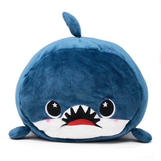 Neptune the Blue Shark Plushie is a round, soft toy with big, shiny eyes, a small red mouth, tiny top fin, blushing cheeks, and side flippers.