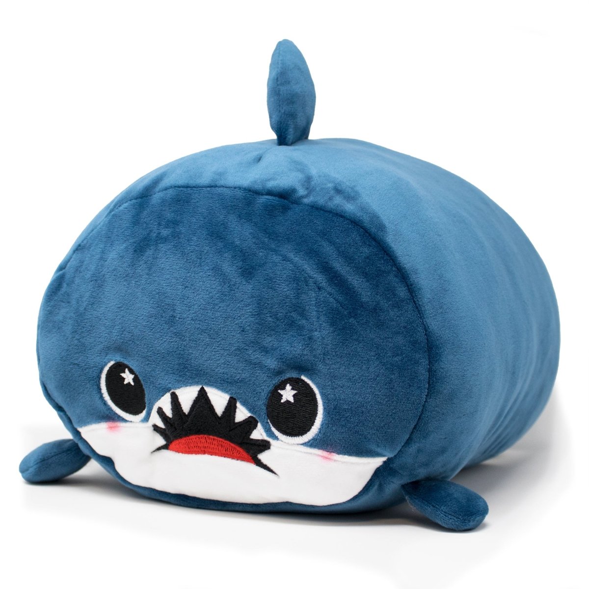 Neptune the Blue Shark Plushie is a soft, cute blue toy shaped like a round shark, complete with small fins and a top fin. It has large round eyes, rosy cheeks, and an open mouth with tiny teeth for a cartoonish look.