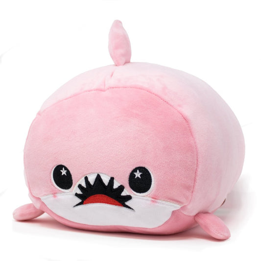 Nibbler the Pink Shark Plushie is a round, pink plushie with a small dorsal fin, black eyes with white star highlights, a red mouth, and white teeth. Its soft texture makes it perfect for cozy snuggles as your stuffed companion.