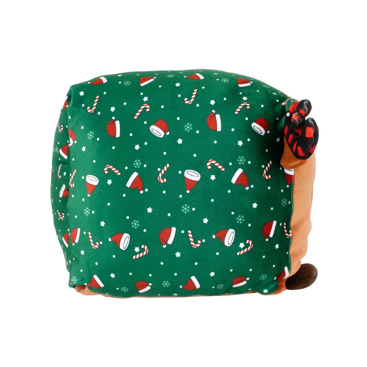 Noel the Moose is a square plush pillow with green fabric featuring Santa hats, candy canes, snowflakes, and mugs. It has cute brown antlers and a red nose on one edge, making it a festive holiday plush companion.