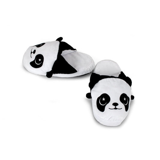 A pair of Pandy the Panda Kids Slippers in white, featuring black panda faces with round eyes and small noses, plus non-slip soles. One slipper faces forward while the other is tilted on a white surface.