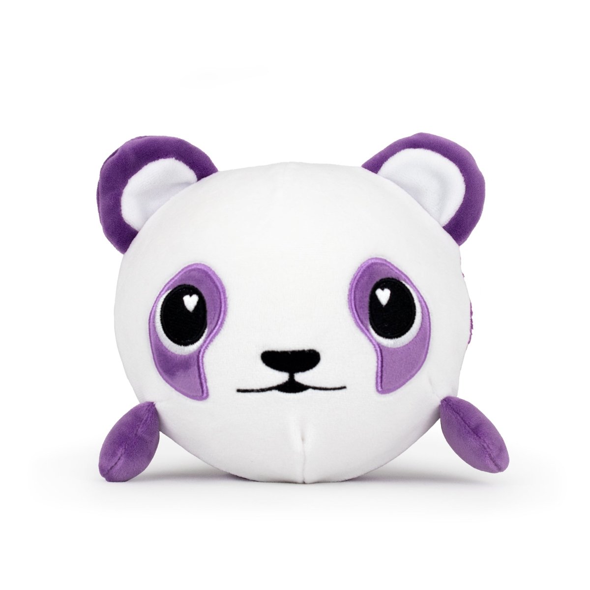 The Jumbo Plushy Skwishy Violet is a round, plush panda toy with a white body and purple accents, featuring large purple ears, purple patches around the eyes, and small heart shapes in them. It has a simple, cute expression.