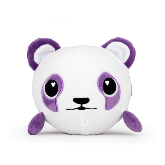 The Jumbo Plushy Skwishy Violet is a round, plush panda toy with a white body and purple accents, featuring large purple ears, purple patches around the eyes, and small heart shapes in them. It has a simple, cute expression.