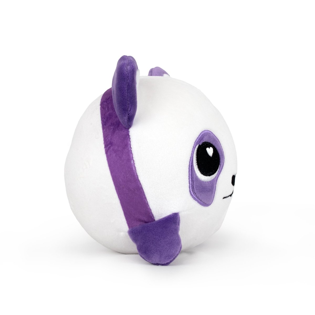 The Jumbo Plushy Skwishy Violet is a round plush toy resembling a panda with a white body, purple ears, a purple stripe, and a heart-shaped black eye. It has a simple, cute expression on its face.