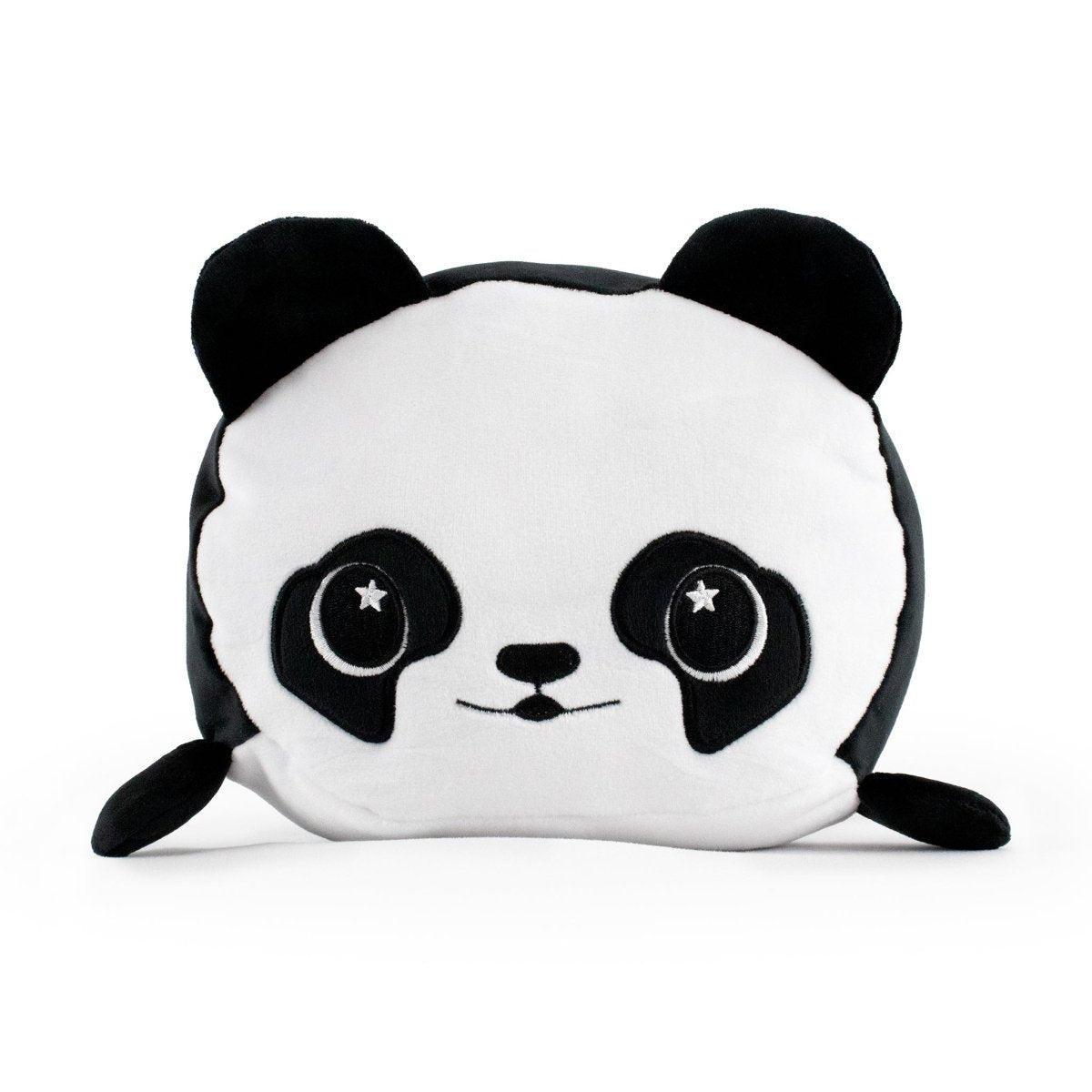Pandy the Panda Plushie is a cuddly, round plush with embroidered eyes featuring star details. Its sensory softness includes a white face, black ears, patches, and limbs. A small smile below its black nose gives it a cute and friendly look.