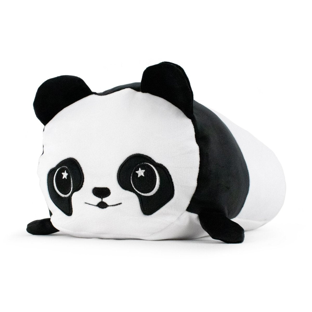 Meet Pandy the Panda Plushie, an adorable bear-shaped plush with black ears, a smiling face, and starry eyes. Its elongated body features captivating black and white patterns, creating a cuddly stuffed animal that offers sensory softness.