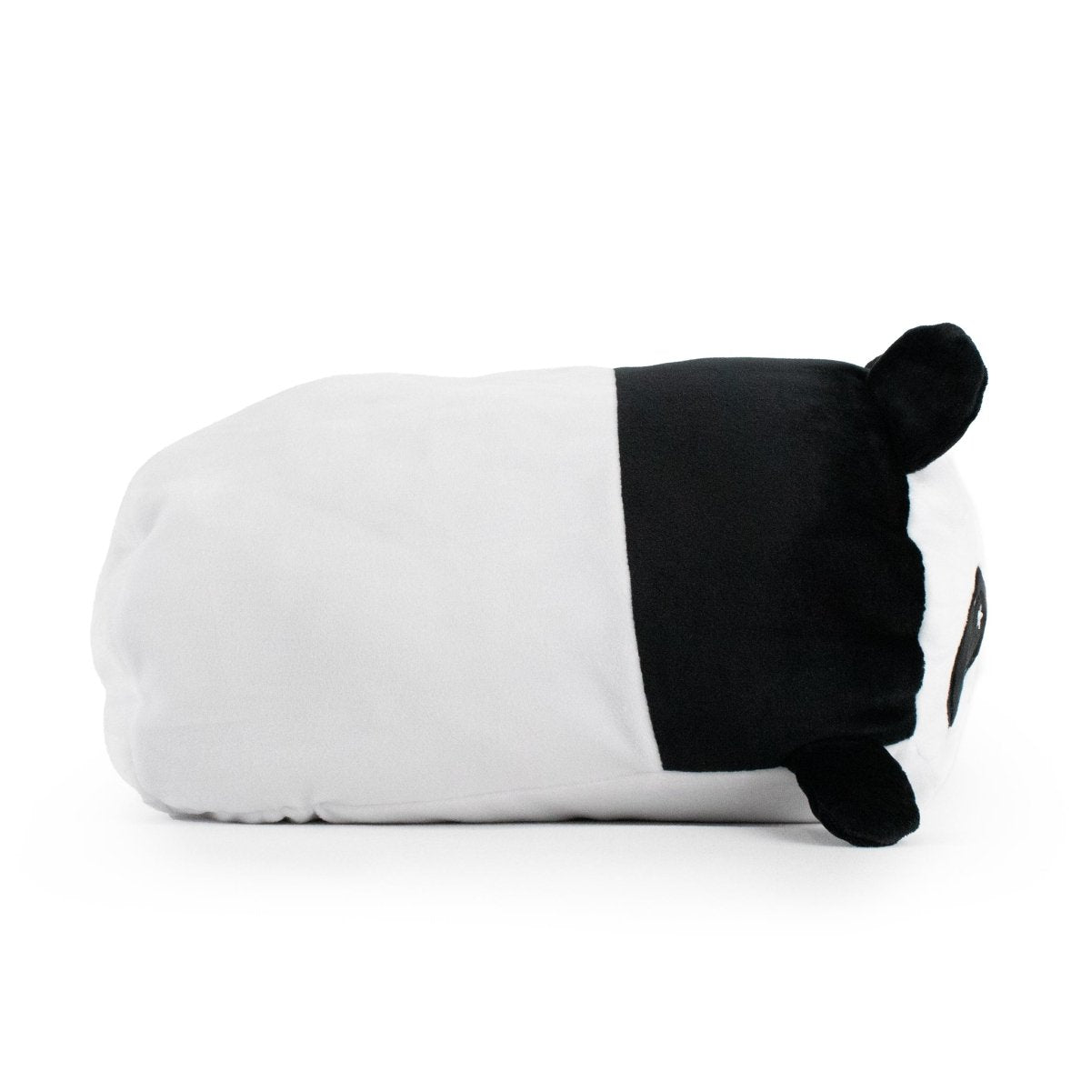 Pandy the Panda Plushie, a cute and cuddly stuffed animal, rests on its side against a white background. Predominantly white with black accents like ears and a distinct facial patch, this charming plushie offers the perfect blend of comfort and style.