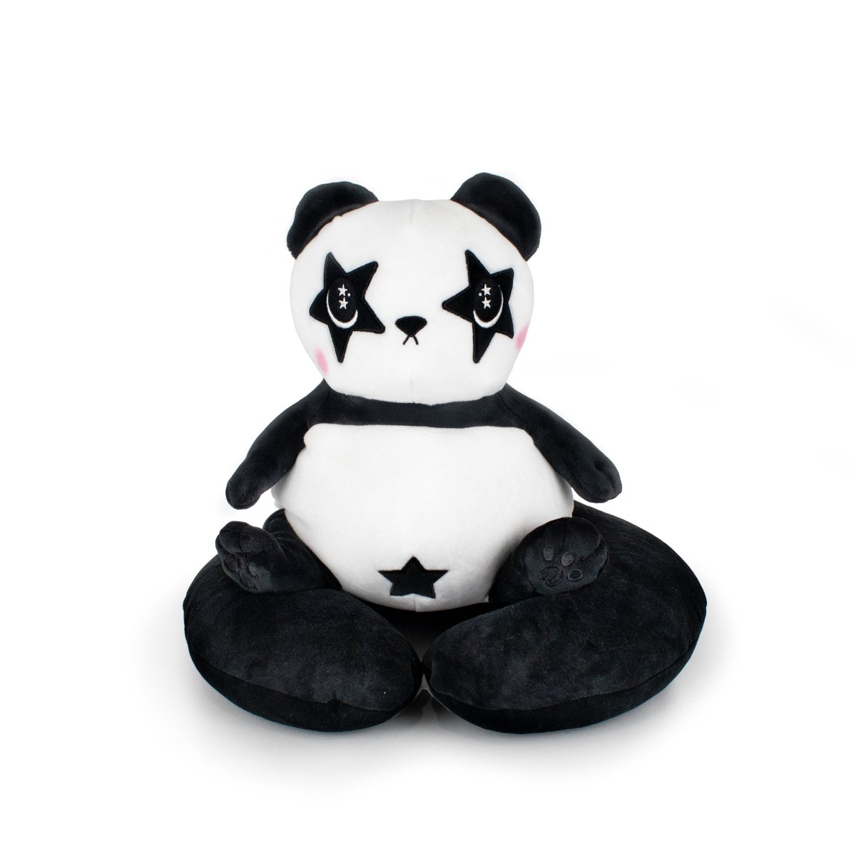 The Starlight Pandy 2-in-1 Travel U-Neck Pillow features a cuddly panda plush with black star shapes around its eyes and belly, black ears, arms, and legs—a perfect cozy companion for your journeys.