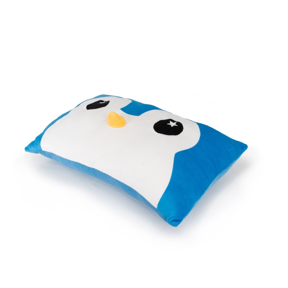 Peckington the Penguin Pillow is a rectangular plush pillow with a blue and white cartoon penguin face, large black eyes with star details, an orange beak, all set on a white background.