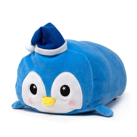 Peckington the Penguin Plushie is a plush, blue stuffed animal with a white face, yellow beak, and black eyes. It features a blue Santa hat with white trim and pom-pom, small flippers, and has a friendly, round appearance.