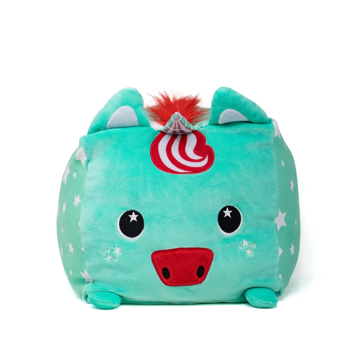 The Pepper Plushie is a square, mint green toy featuring a red snout, large eyes, teal ears with white insides, a peppermint swirl on its head, a red tuft of hair, and white star patterns on its sides.