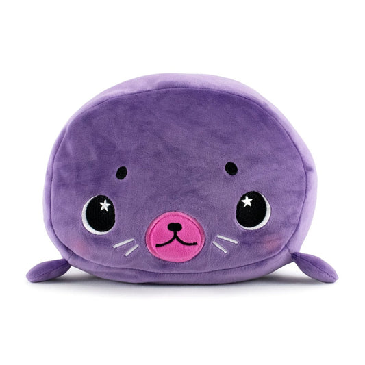 Percy the Seal Plushie is an adorable, purple plush pillow shaped like a seal's face. Made from ultra-soft materials, it features large black eyes, a pink nose, small embroidered whiskers, tiny flippers on each side, and is conveniently machine washable.