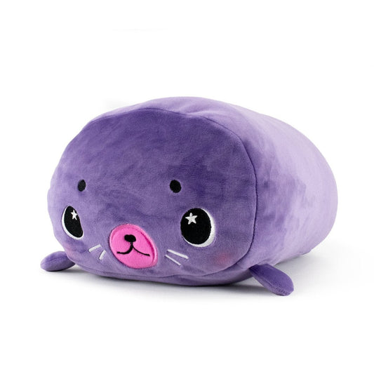 Percy the Seal Plushie is a soft toy shaped like a purple seal with a pink nose, starry eyes, and cheek blush. Made from ultra-soft fabrics, it features small flippers and a rounded body. Ideal for cuddling and machine washable for easy care.