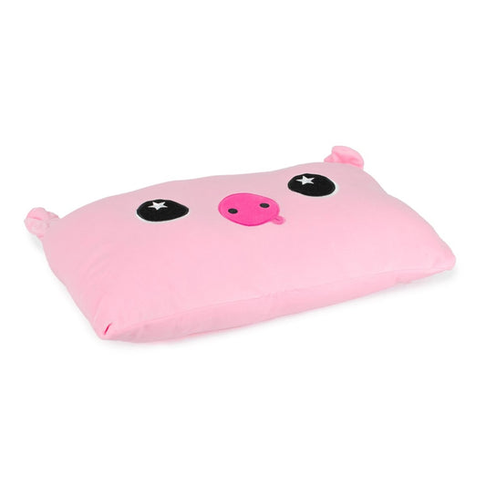 Pinky the Pig Sleep Pillow is a rectangular pink stuffed animal pillow featuring a cute pig face with black eyes, white star highlights, a pink snout, and little fabric ears—a charming addition to your cuddly pillow or holiday decor.