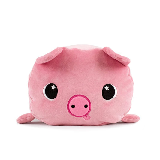 Pinky the Pig Plushie is ultra-soft with large black eyes, star details, a round snout, and small ears. Its cozy legs are tucked under its body on a plain white background, making it perfect for stuffed plushie lovers.