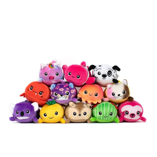 Introducing the Mystery Mini Clipz: a pyramid stack of twelve colorful, round plush toys resembling animals and fruits. Each adorable character has distinct facial expressions and features like spots, stripes, or unique shapes—perfect for any collector!.
