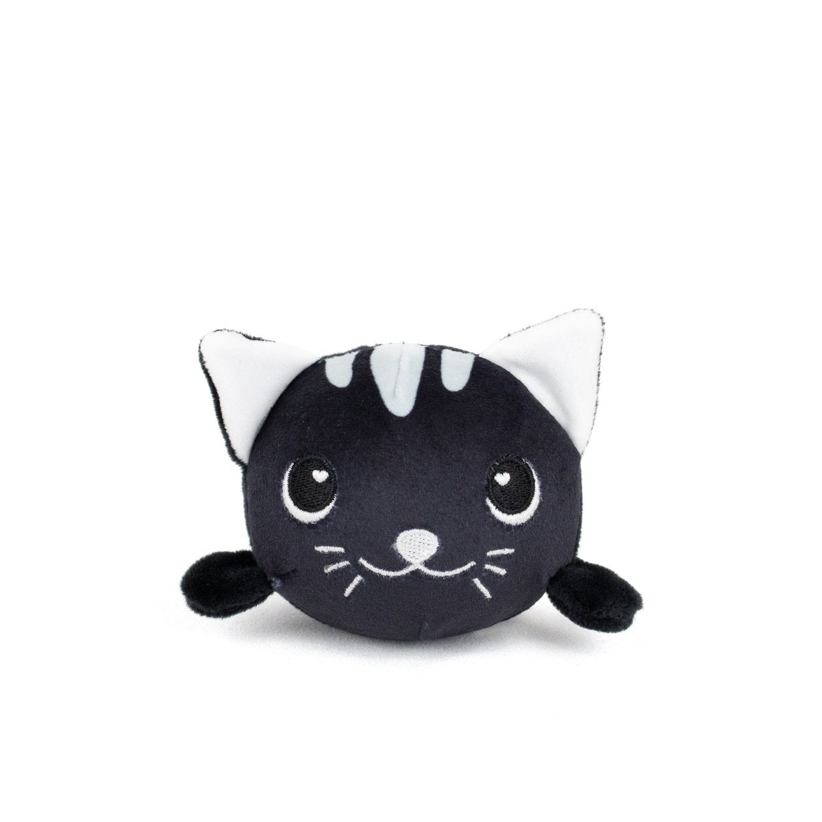 The Fortune Spooky Plushy Skwishy is a round, plush black cat toy with white ears, light gray forehead stripes, embroidered face details, small black arms, and a cute, friendly look.