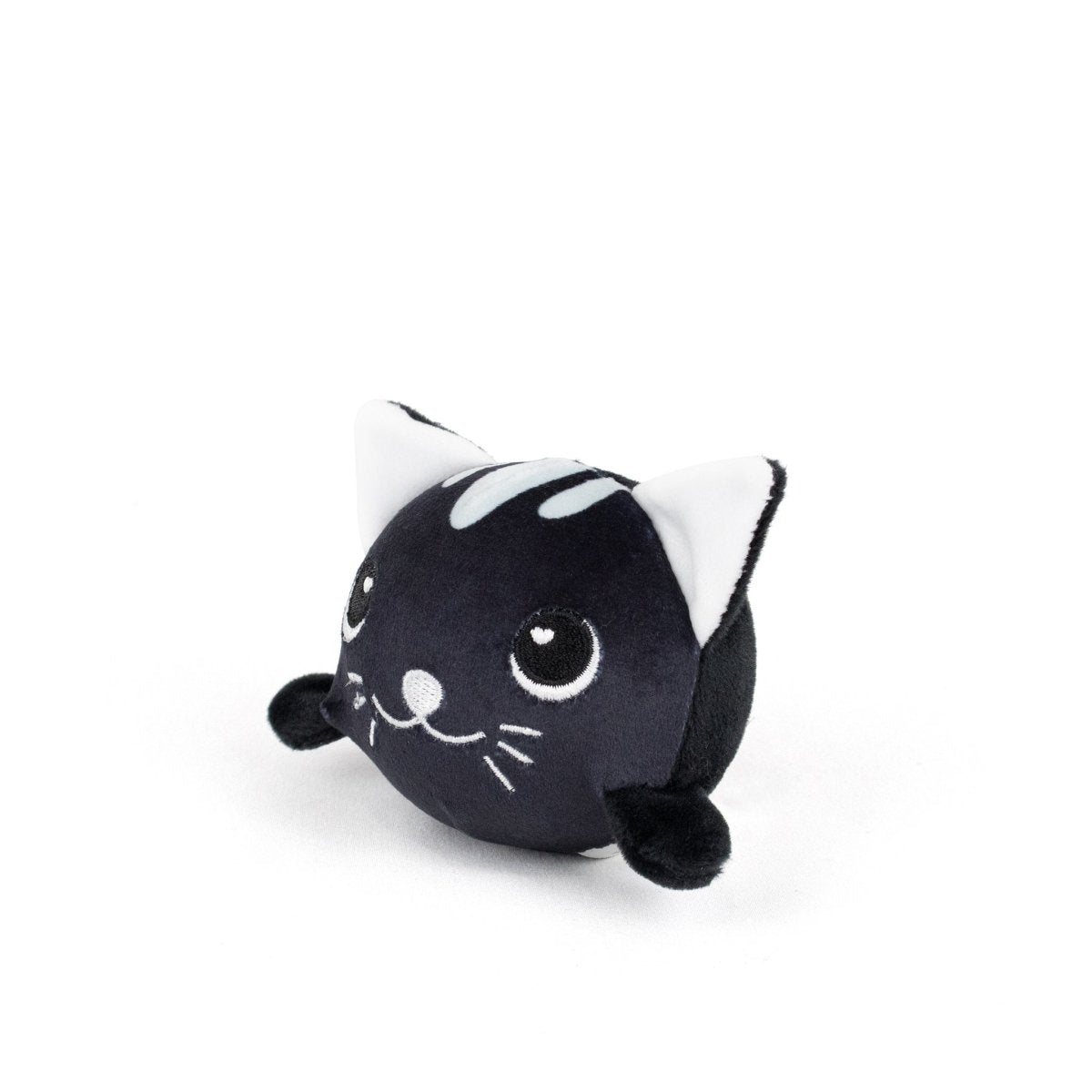 The Fortune Spooky Plushy Skwishy is a round black and white plush toy cat with big eyes, white inner ears, light gray head stripes, and small stubby legs, shown on a plain white background.