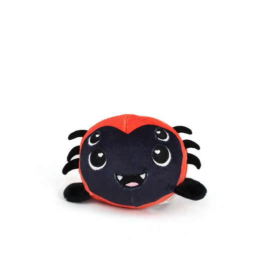 The Muffet Spooky Plushy Skwishy is a round, plush spider toy featuring a red body, black face, four cartoon eyes, a smiling mouth with fangs, and soft black felt legsโperfect for cuddles.