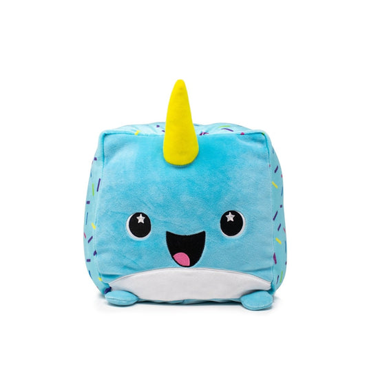 Poindexter the Narwhal Plushie is a cube-shaped, vibrant blue toy with a yellow horn and smiling face. Made of ultra-soft materials for comfort, it features starry eyes, tiny flippers, and a sprinkled pattern on its sides—a delightful part of the cuddly cuties collection!.