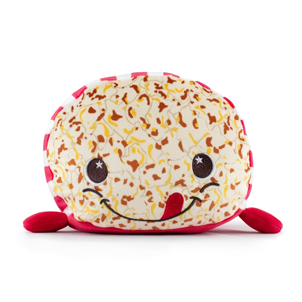 The Pop the Popcorn Plushie is an adorable toy with smiley face pizza-like toppings, big cheerful eyes, a pink tongue sticking out, and charming red and white stripes—perfect for plushie collectors.