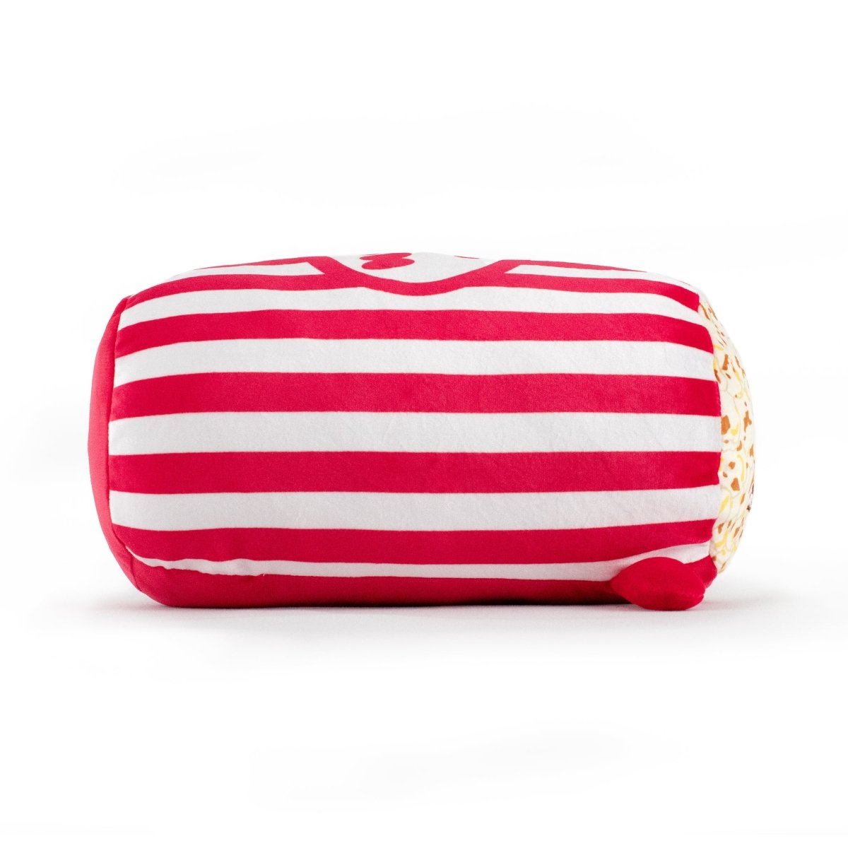 This charming plush pillow, styled as a sushi roll, features a playful red and white striped pattern. One end resembles sushi fillings while the other is plain red. A delightful addition to any plush collection, it sits beautifully against a clean white background. Product: Pop the Popcorn Plushie.