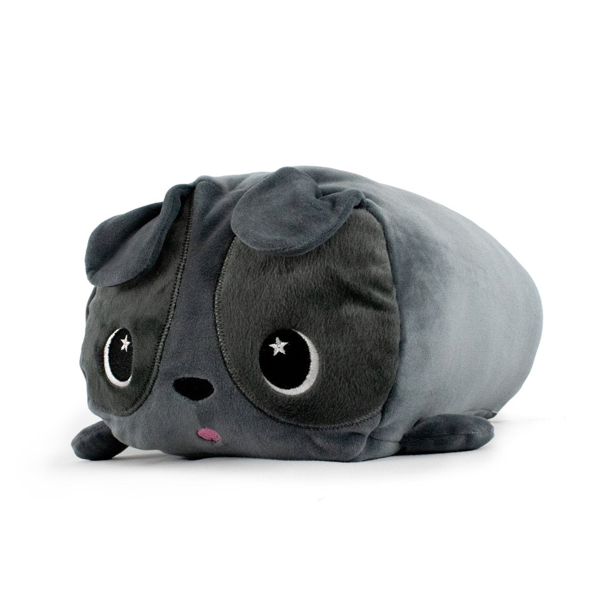 Pugsy the Pug Plushie is an adorable plush toy shaped like a cute gray dog, featuring big, shiny eyes, a small pink nose, floppy ears, and a soft, rounded body that enhances its charm.