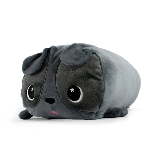 Pugsy the Pug Plushie is an adorable plush toy shaped like a cute gray dog, featuring big, shiny eyes, a small pink nose, floppy ears, and a soft, rounded body that enhances its charm.