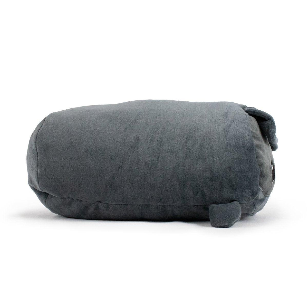Pugsy the Pug Plushie is an adorable, chubby, gray plush toy lying on its side with a simple design and minimal facial details, perfect for snuggles.