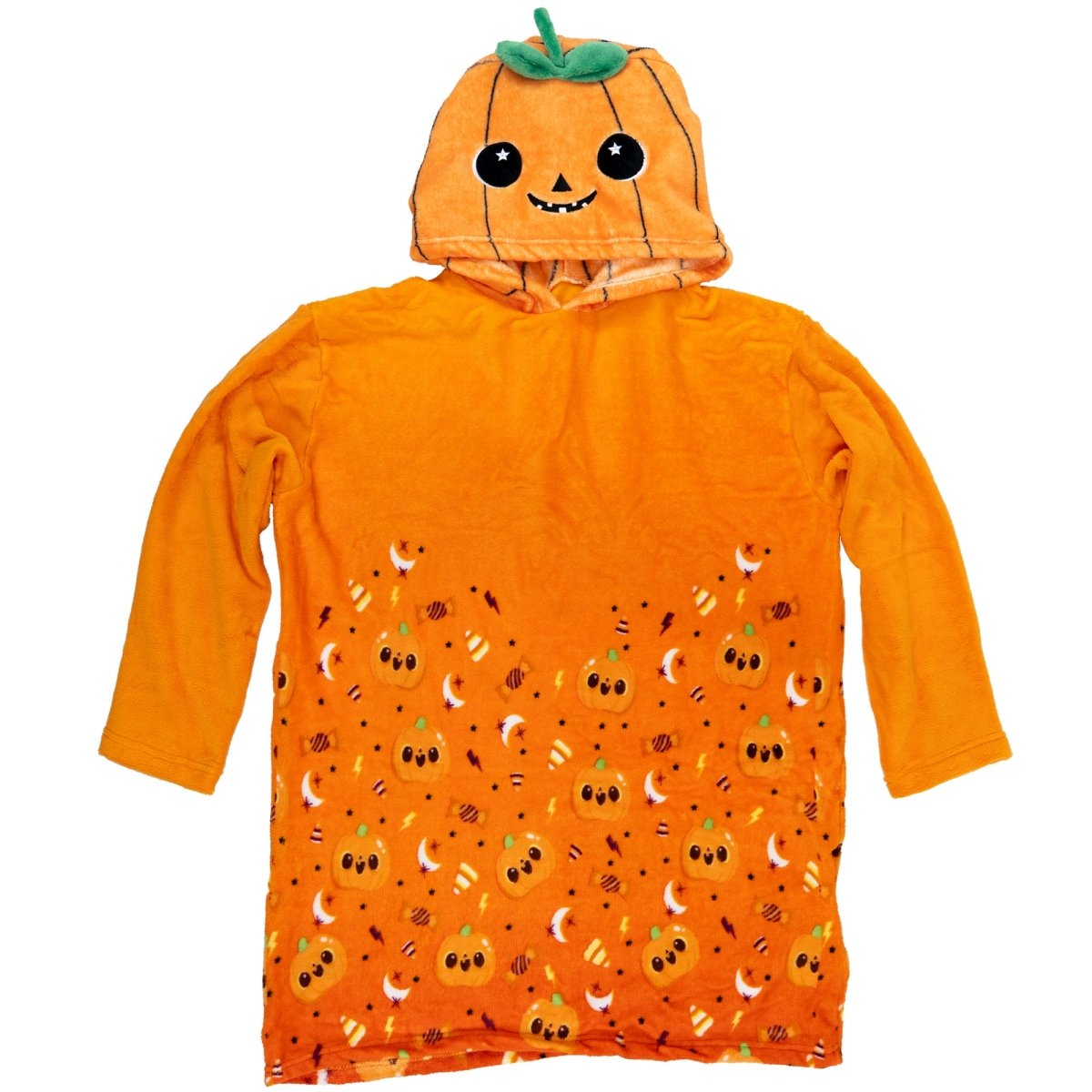 Vincent the Pumpkin Hooded Blanket features an orange long-sleeve design with a pumpkin face and green stem on the hood, plus pumpkin and candy prints—perfect for kids who love a cozy Halloween look.