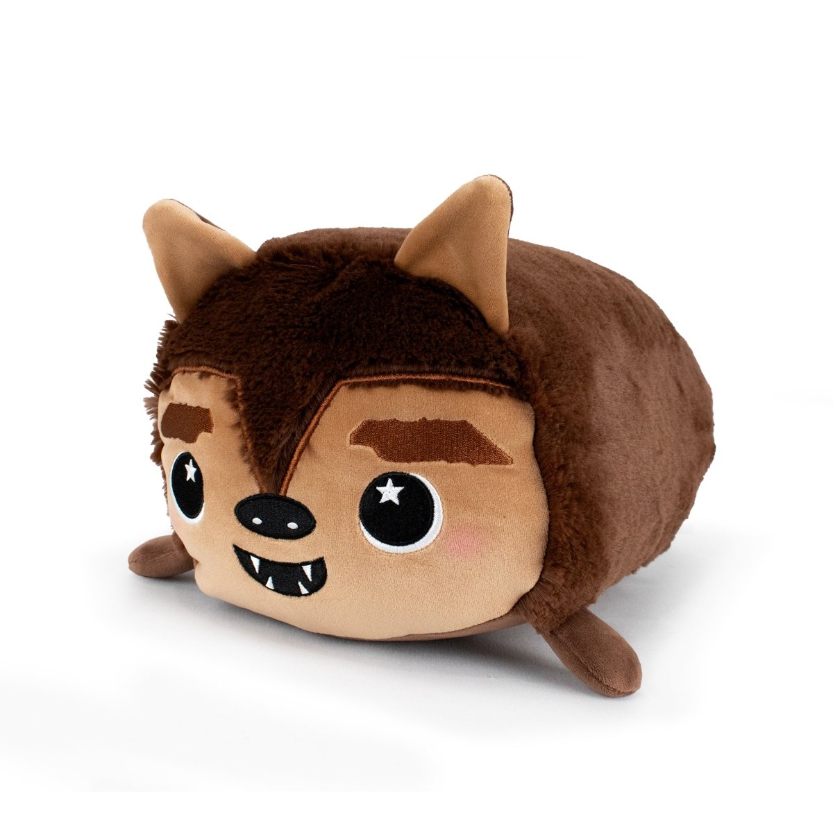 Raegan the Werewolf is a plush toy with pointy ears, brown fur, big round eyes with star-shaped highlights, a small black nose, and tiny fangs—perfect for fans of unique stuffed plushies.