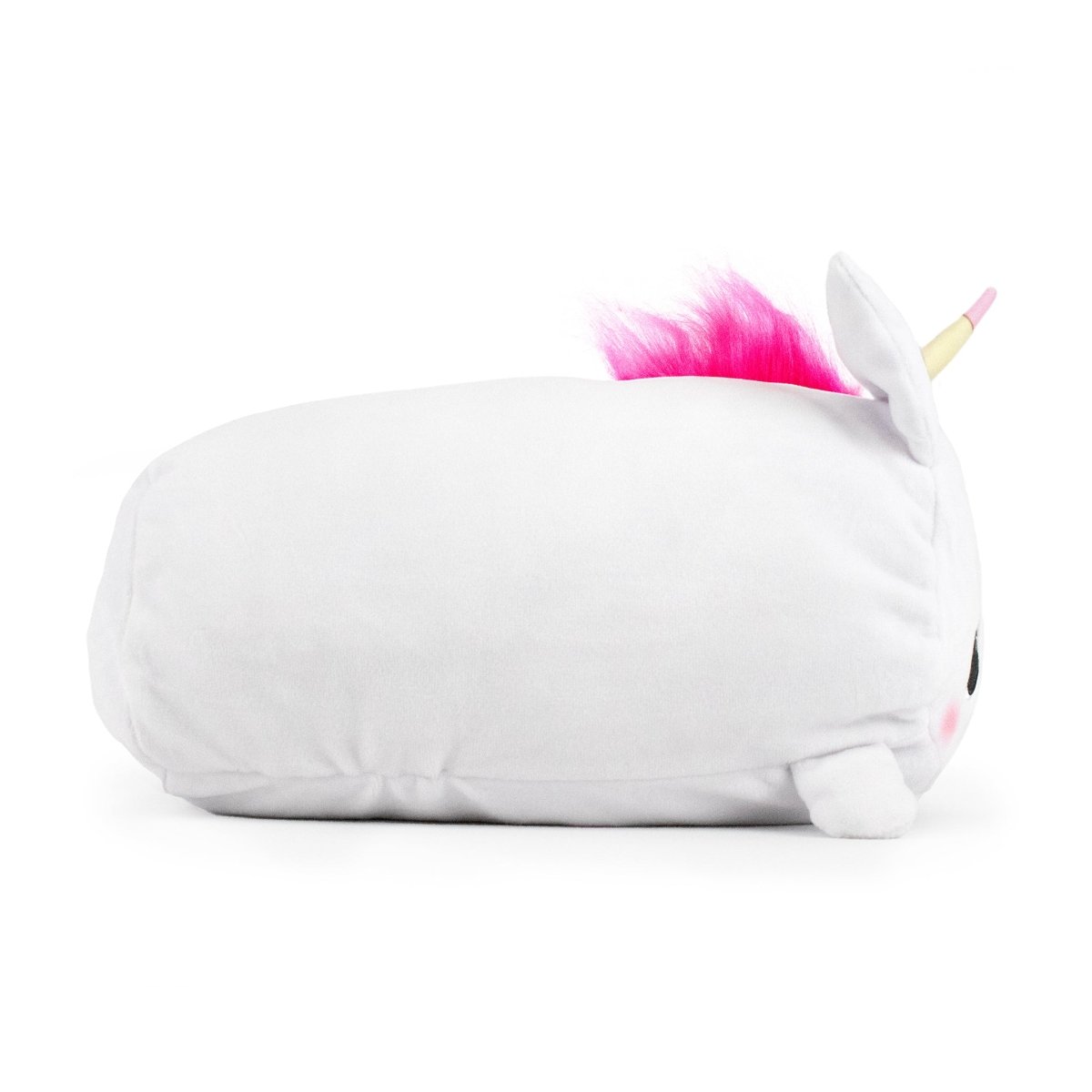 Rainbow Swirl the Unicorn Plushie, with a soft hot pink mane, small golden horn, black round eyes, and tiny ears, lies on its side charmingly against a plain white background.